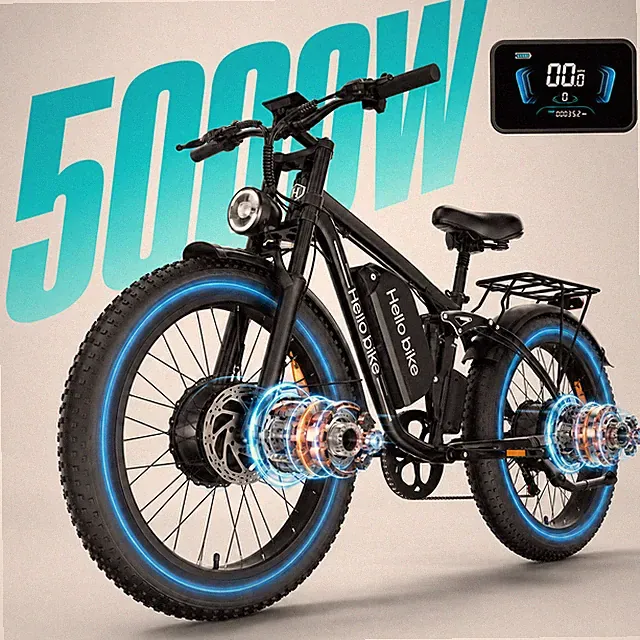 5000W Dual Motor Electric Bike for Adults 45MPH Ebike 52V 1300Wh 7 Speed Bicycle