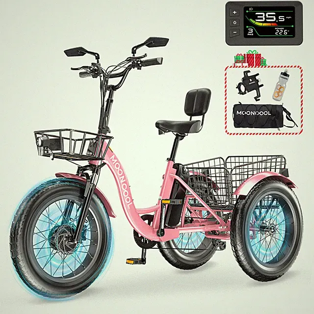 MOONCOOL 3 Wheel 7 Speed Electric Bike with Basket Female Electric Tricycle Pink