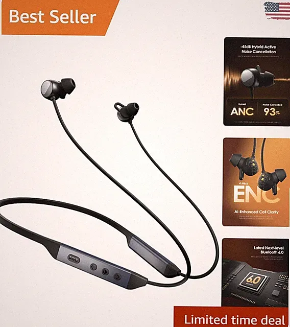 Wireless In-Ear Neckband Earbuds with 45H Playtime - Sweatproof and ANC Enhanced